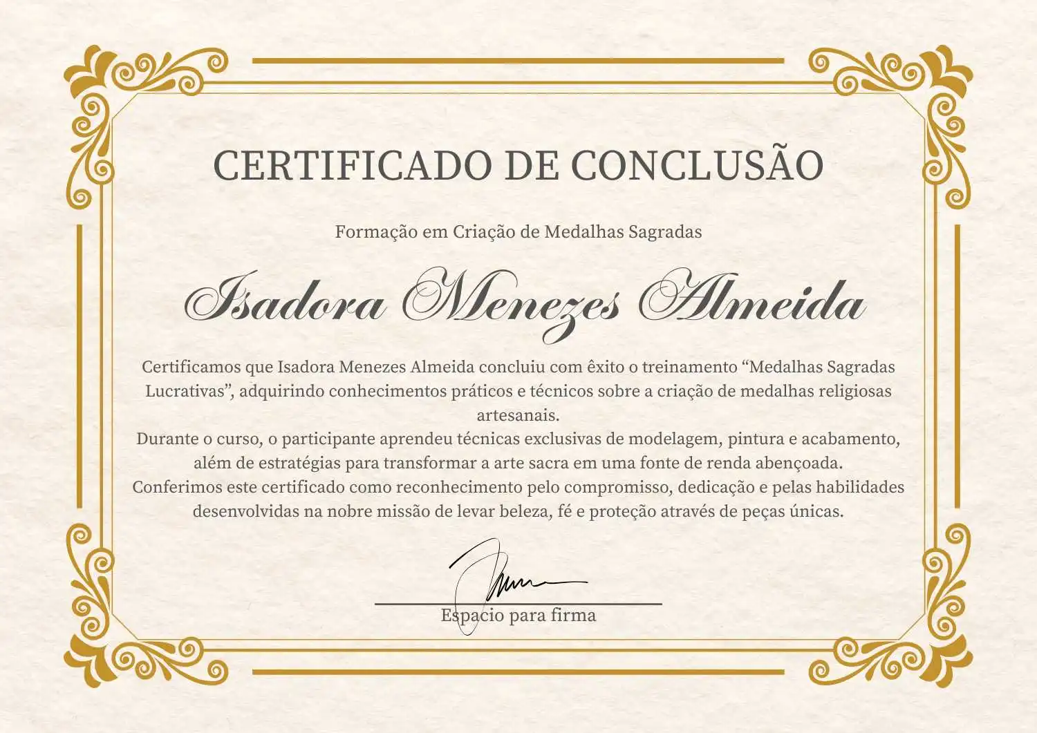 Certificado Profissional de Medalhas Sagradas